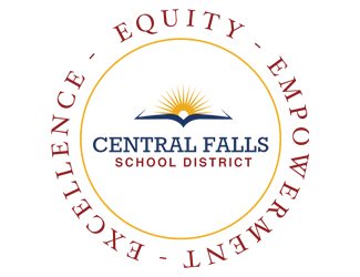 Seal with Central Falls and  Book with a sun in the middle and equity, empowerment, excellence around the outside of the circle