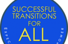 Blue circle with text saying Successful Transitions for ALL. Around the bottom of the circle it says Expect, Engage, Empower