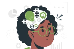Cartoon person showing a brain thinking 