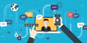 Computer with speech bubbles, stars, connections phones