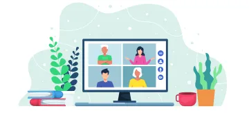 Computer with People on screen and books, plans and coffee cups on table
