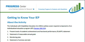 Participant guide page one for Getting to Know Your IEP activity