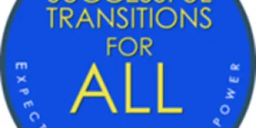 Blue circle with text saying Successful Transitions for ALL. Around the bottom of the circle it says Expect, Engage, Empower