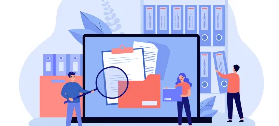 computer with files and magnifying glass