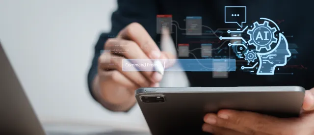 person holding a tablet with graphic overlay showing AI and computing pathways