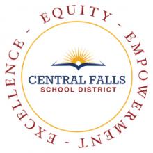 Seal with Central Falls and  Book with a sun in the middle and equity, empowerment, excellence around the outside of the circle