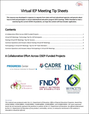 Homepage of Virtual IEP Tip Sheet with Table of Contents and Center Partner Logos