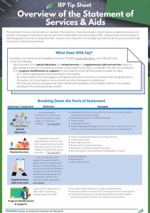 Page 1 of the IEP Tip Sheet for Overview of Statement of Services and Aids