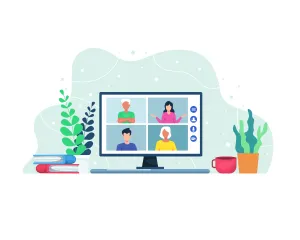 Computer with People on screen and books, plans and coffee cups on table