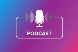 Microphone and text saying Podcast