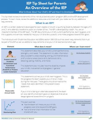 First page if IEP Tip Sheet for Parents: An Overview of the IEP