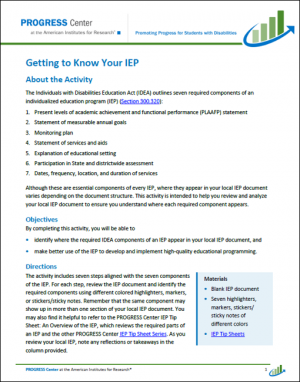 Participant guide page one for Getting to Know Your IEP activity