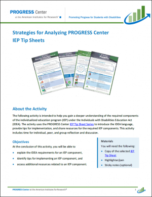 participant handout page one of strategies for analyzing PROGRESS Center IEP Tip Sheets
